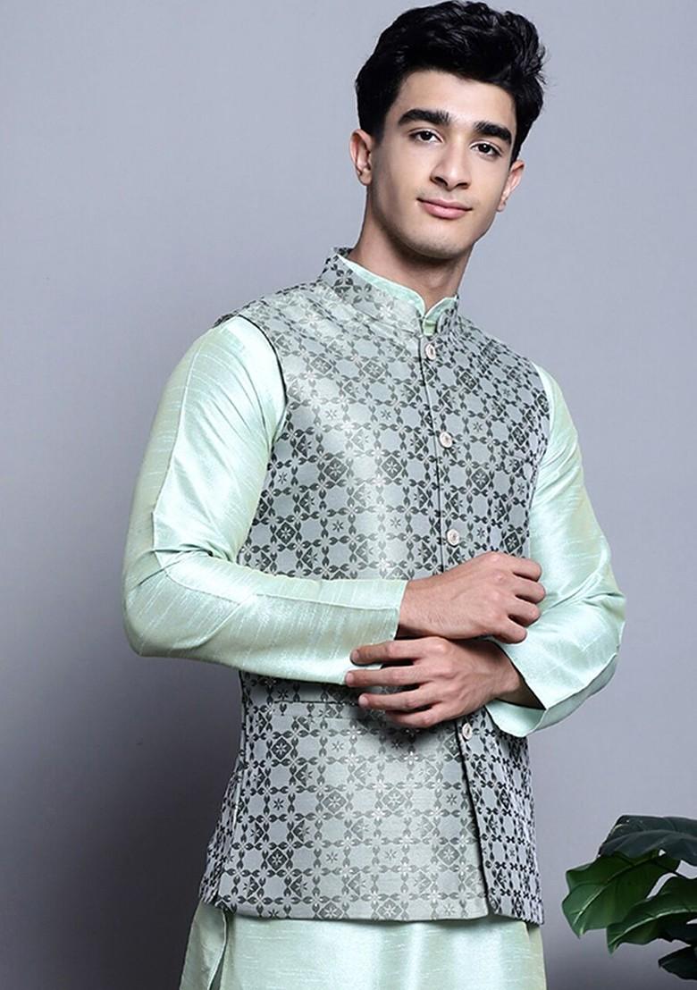 Sea Green Woven Design Poly Blend Nehru Jacket For Men