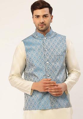 Blue Woven Design Poly Blend Nehru Jacket For Men