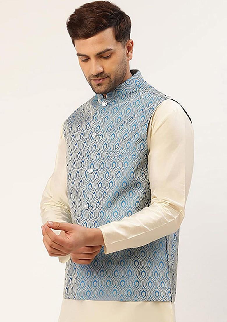 Blue Woven Design Poly Blend Nehru Jacket For Men