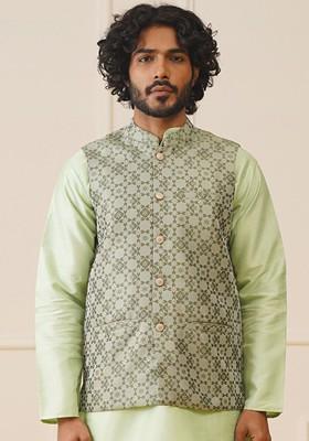 Green Woven Design Poly Blend Nehru Jacket For Men