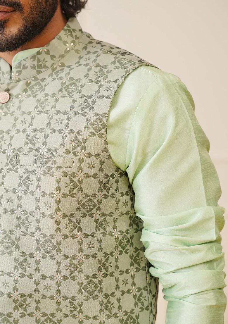 Green Woven Design Poly Blend Nehru Jacket For Men