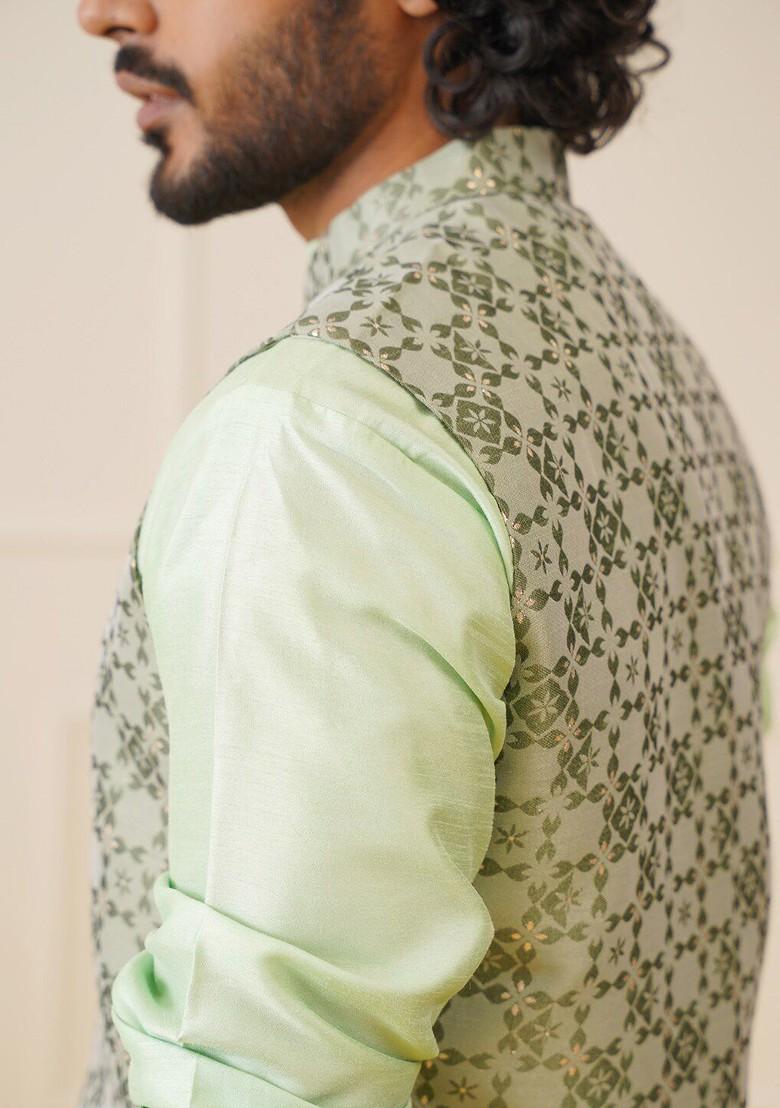 Green Woven Design Poly Blend Nehru Jacket For Men