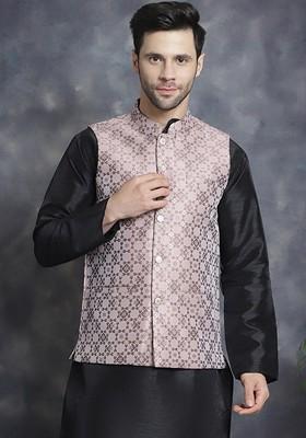 Mauve Woven Design Poly Blend Nehru Jacket For Men