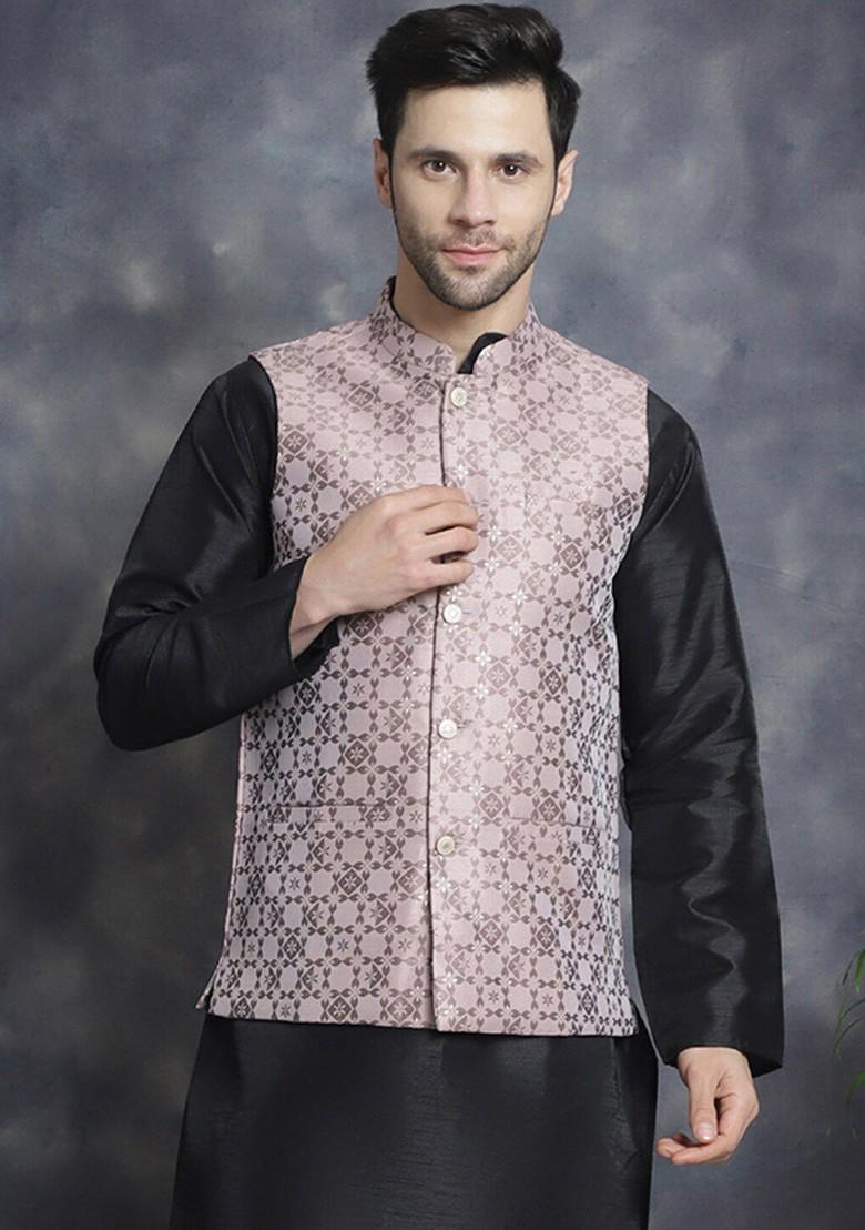 Mauve Woven Design Poly Blend Nehru Jacket For Men