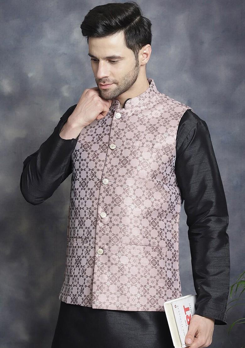 Mauve Woven Design Poly Blend Nehru Jacket For Men