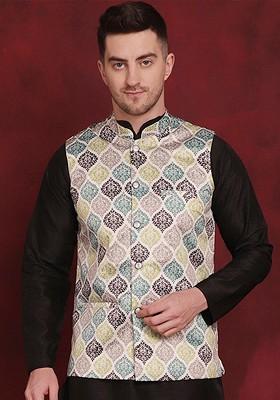 White Printed Poly Blend Nehru Jacket For Men