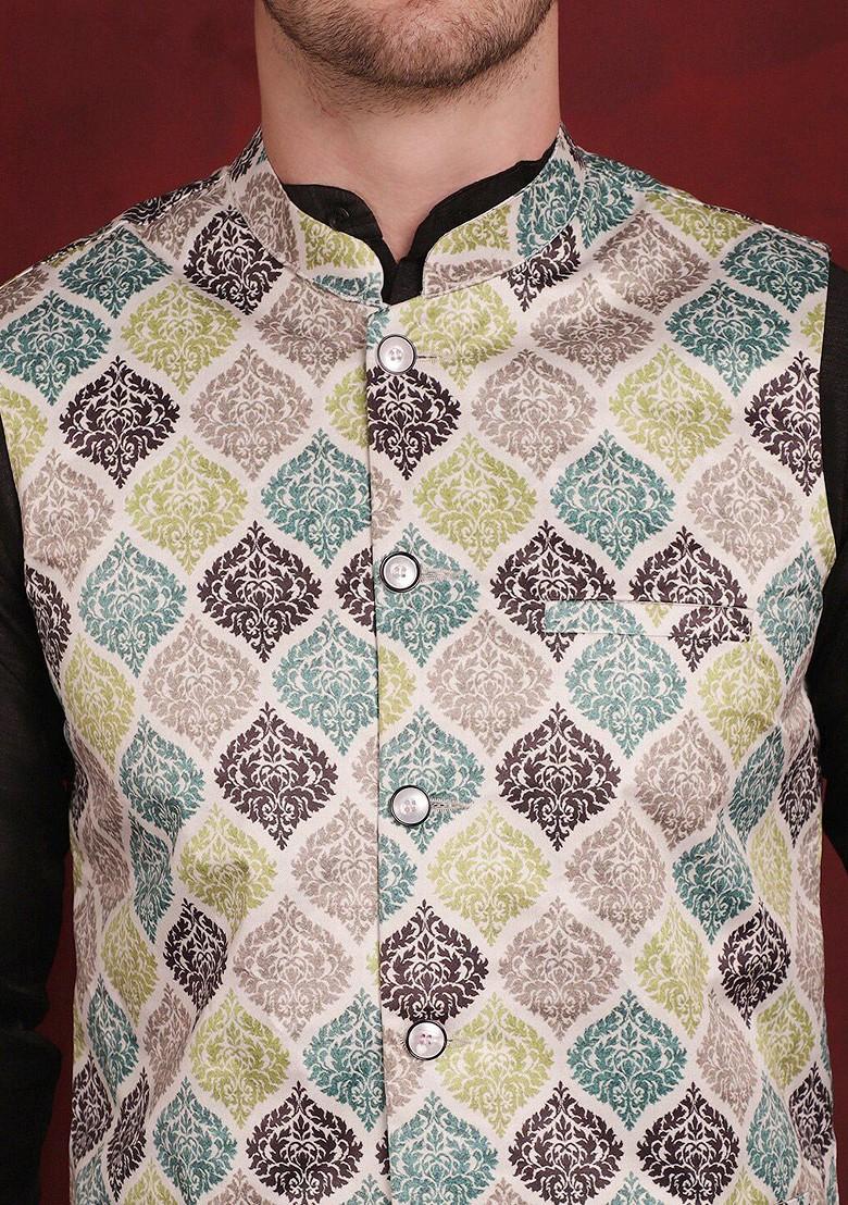 White Printed Poly Blend Nehru Jacket For Men