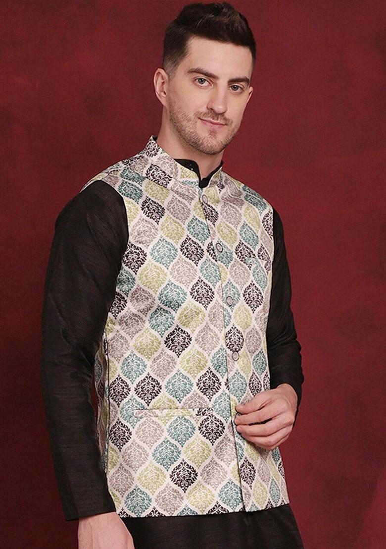 White Printed Poly Blend Nehru Jacket For Men