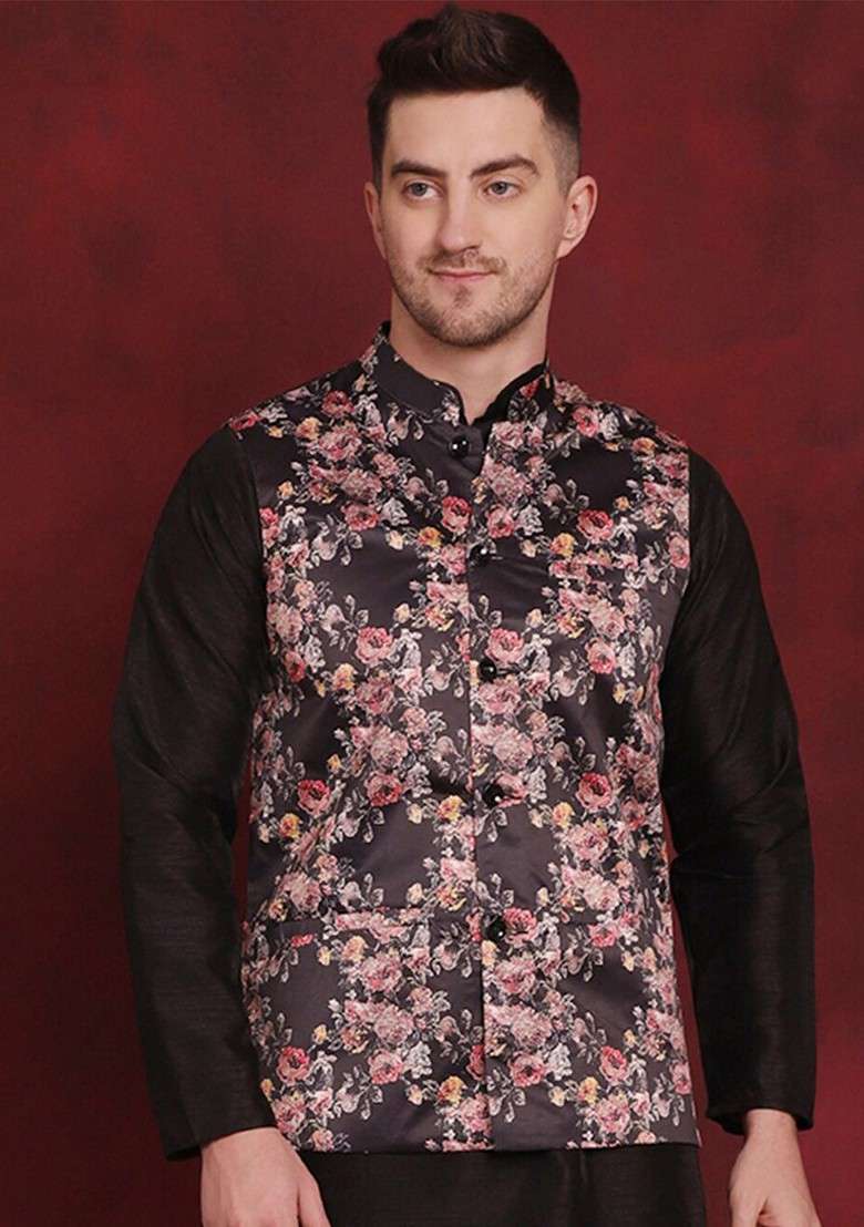 Black Printed Poly Blend Nehru Jacket For Men - Indya