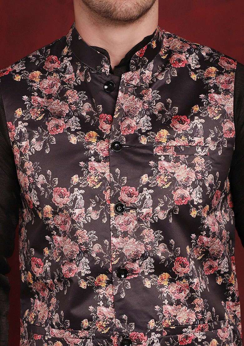 Black Printed Poly Blend Nehru Jacket For Men - Indya
