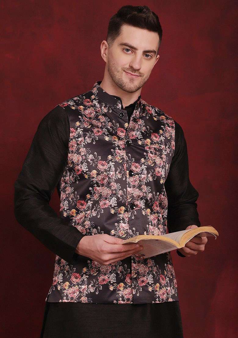 Black Printed Poly Blend Nehru Jacket For Men - Indya