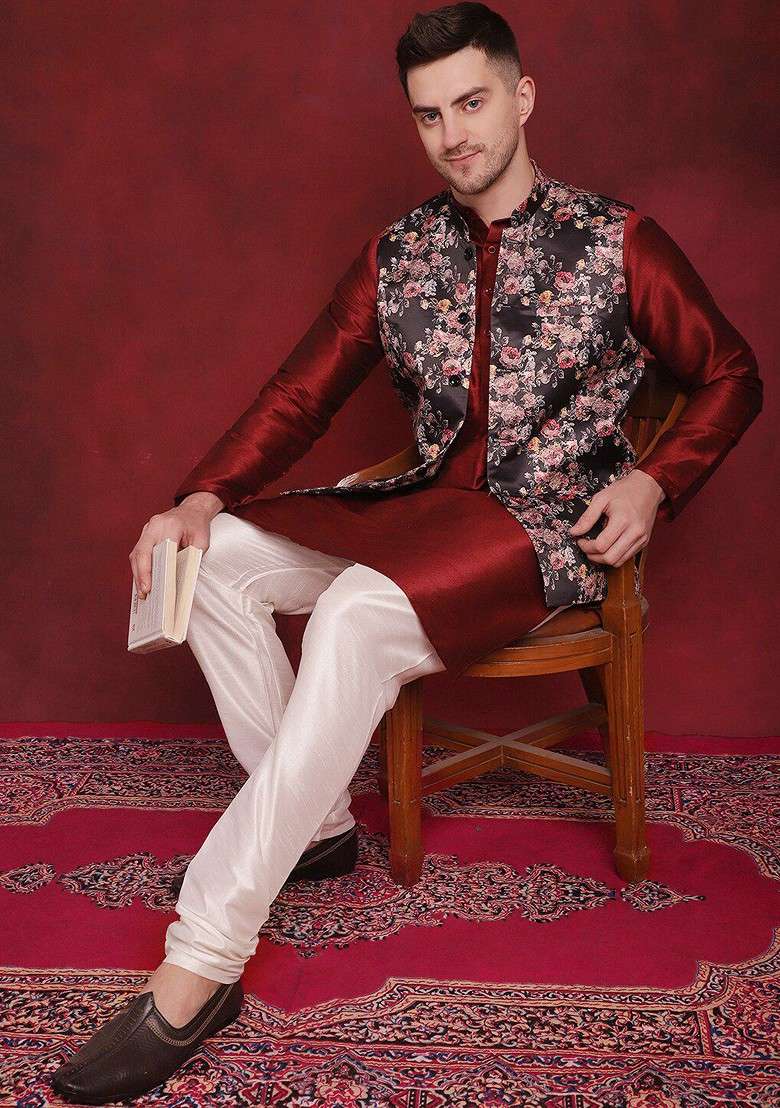 Black Printed Poly Blend Nehru Jacket For Men - Indya