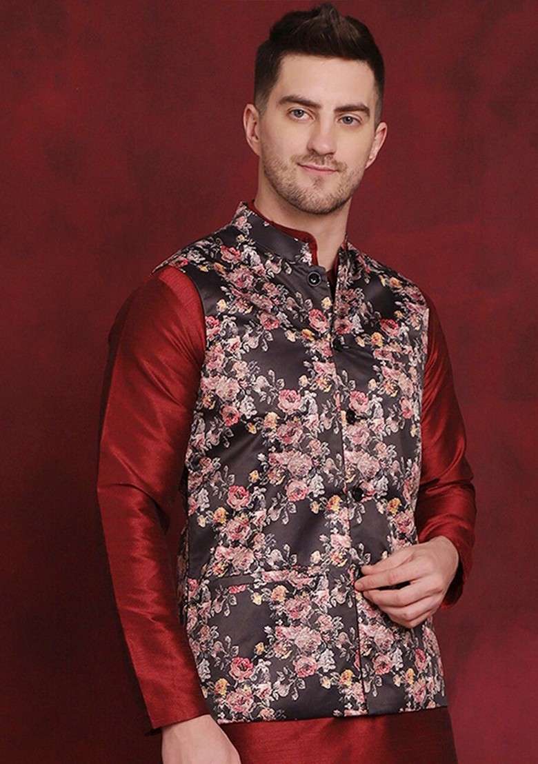 Black Printed Poly Blend Nehru Jacket For Men - Indya