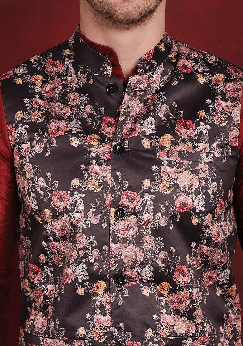 Black Printed Poly Blend Nehru Jacket For Men - Indya