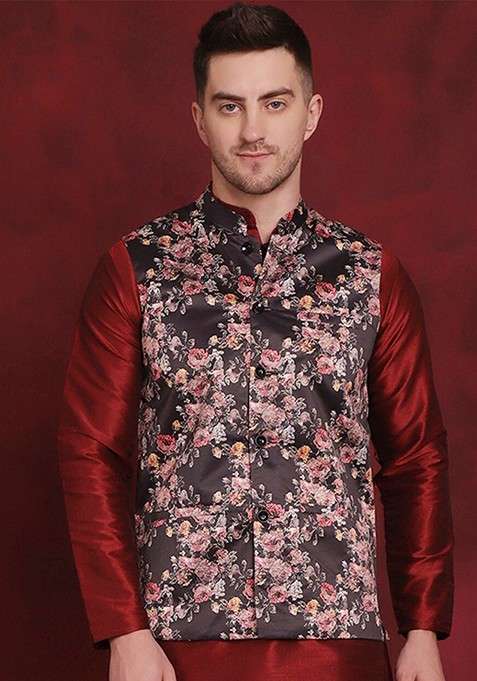 Black Printed Poly Blend Nehru Jacket For Men
