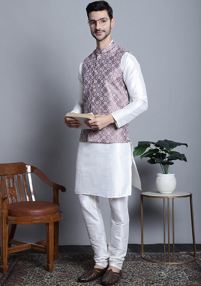 Magenta Woven Design Poly Blend Nehru Jacket For Men