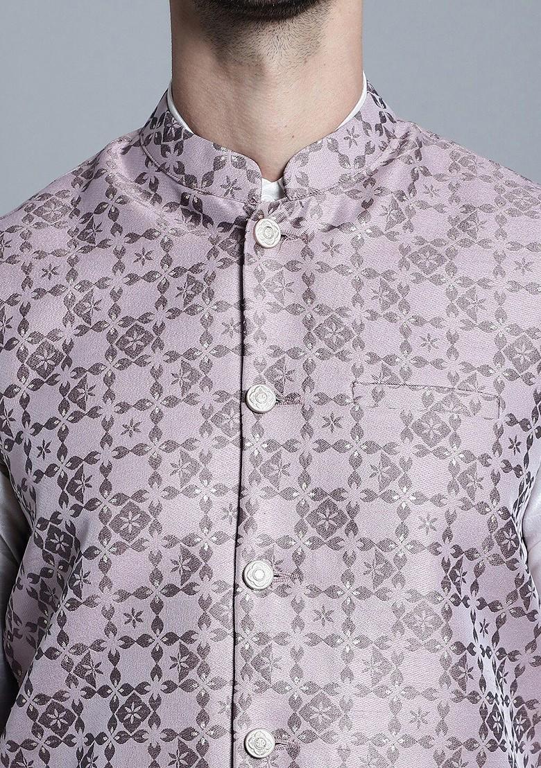 Magenta Woven Design Poly Blend Nehru Jacket For Men
