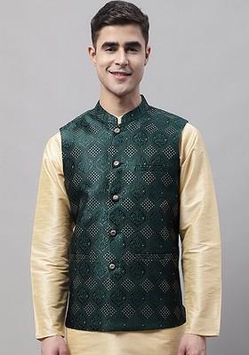 Green Woven Design Poly Blend Nehru Jacket For Men