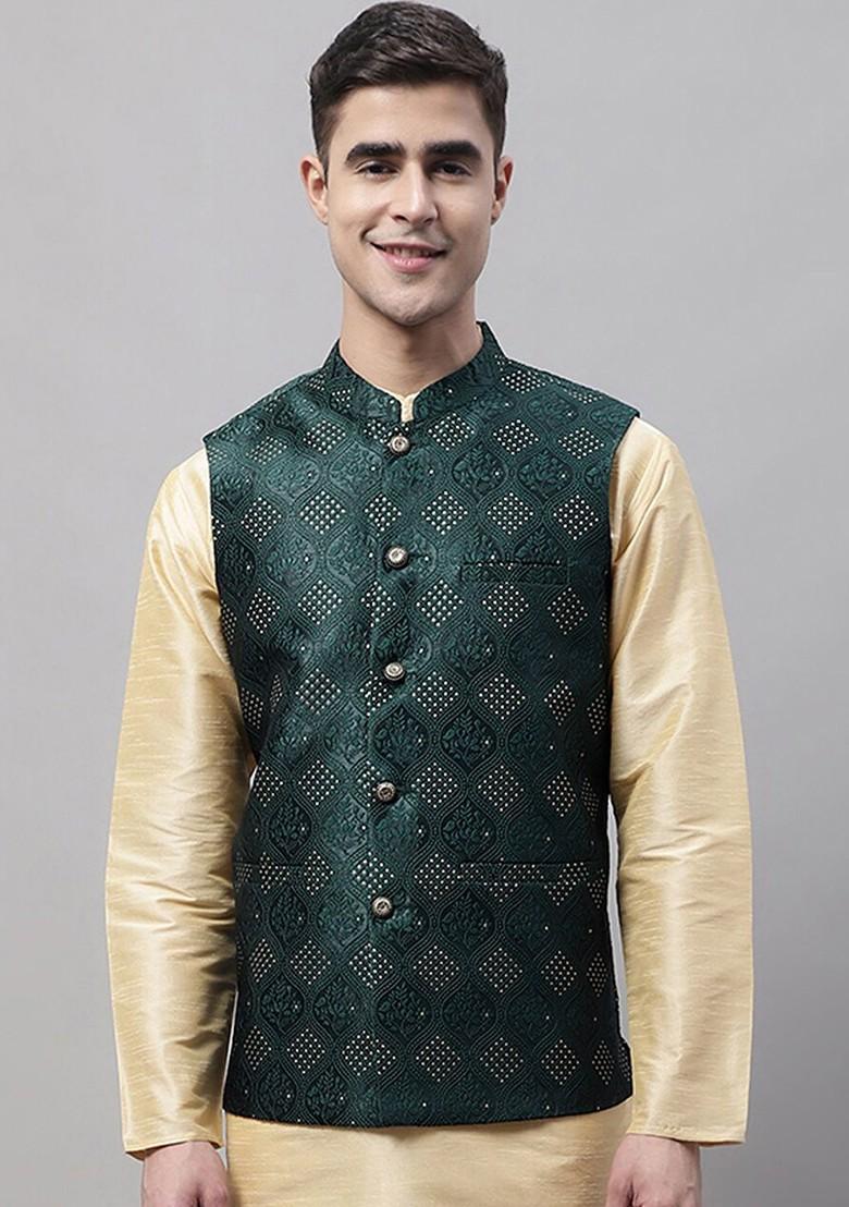Green Woven Design Poly Blend Nehru Jacket For Men