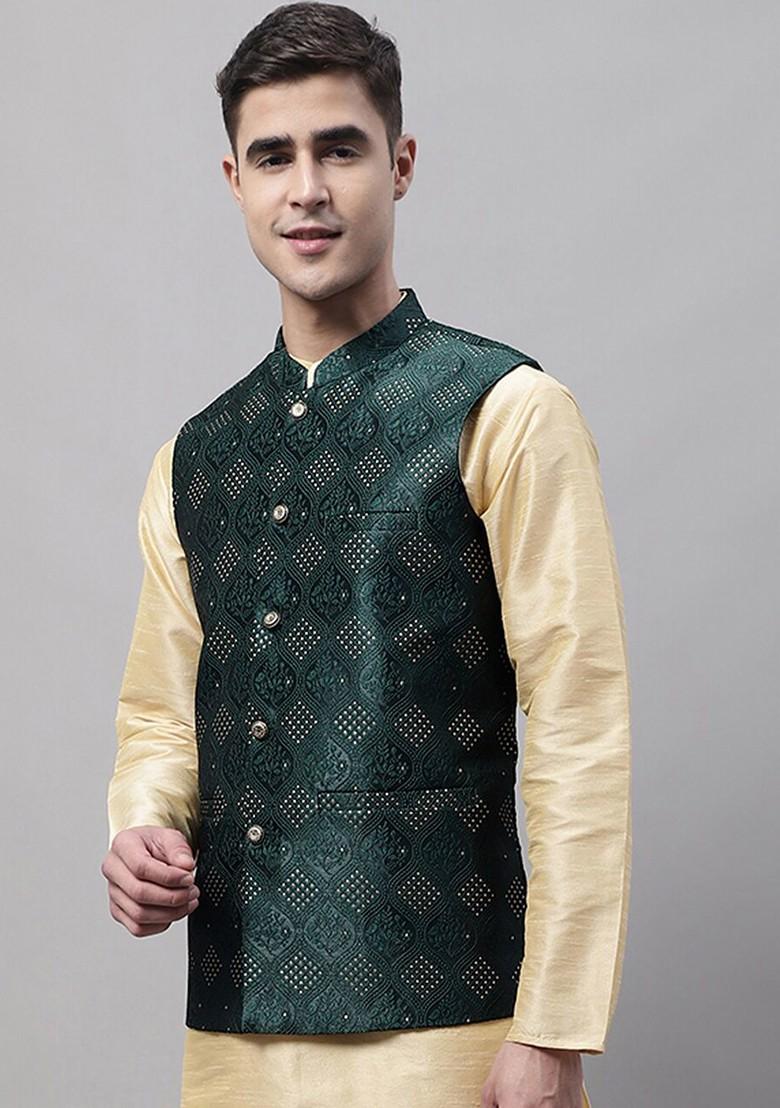 Green Woven Design Poly Blend Nehru Jacket For Men