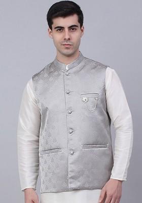 Grey Woven Design Poly Blend Nehru Jacket For Men