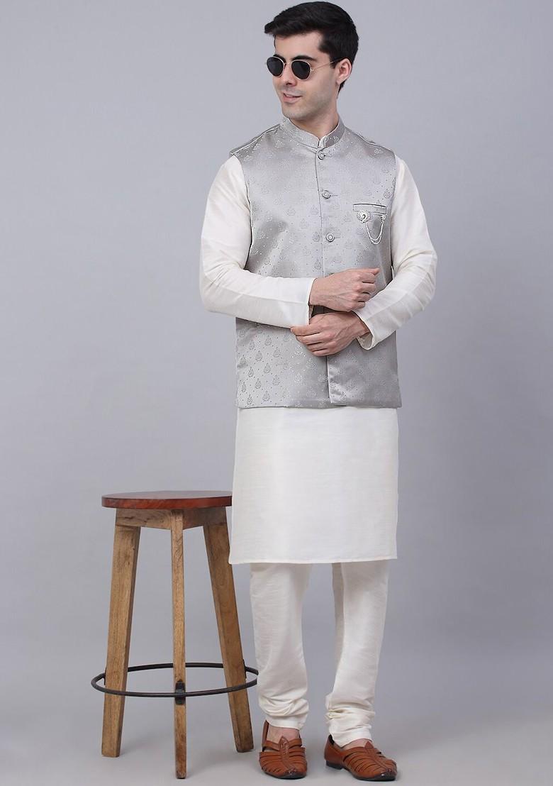 Grey Woven Design Poly Blend Nehru Jacket For Men