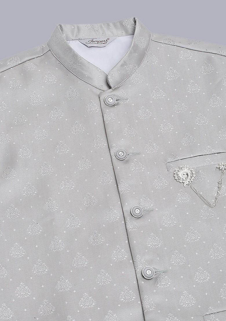 Grey Woven Design Poly Blend Nehru Jacket For Men