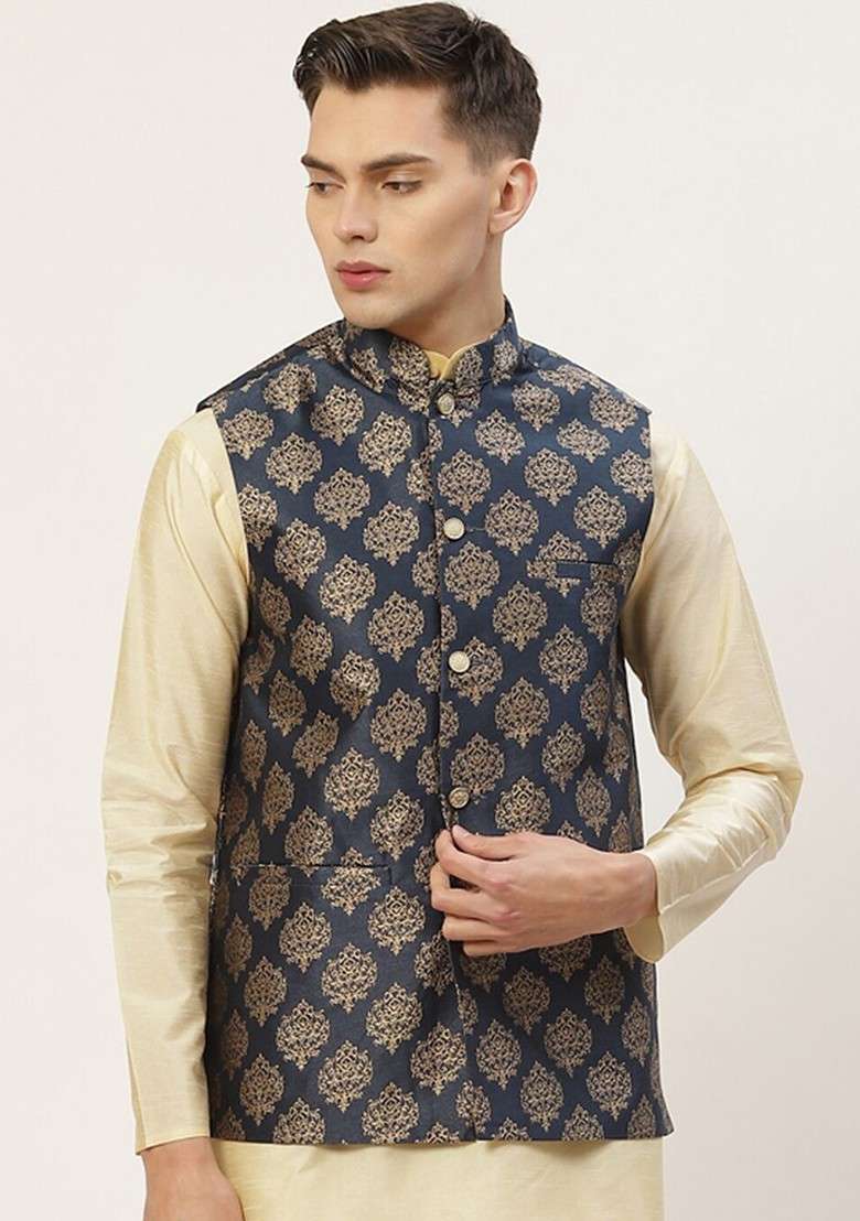 Navy Blue Printed Poly Blend Nehru Jacket For Men - Indya