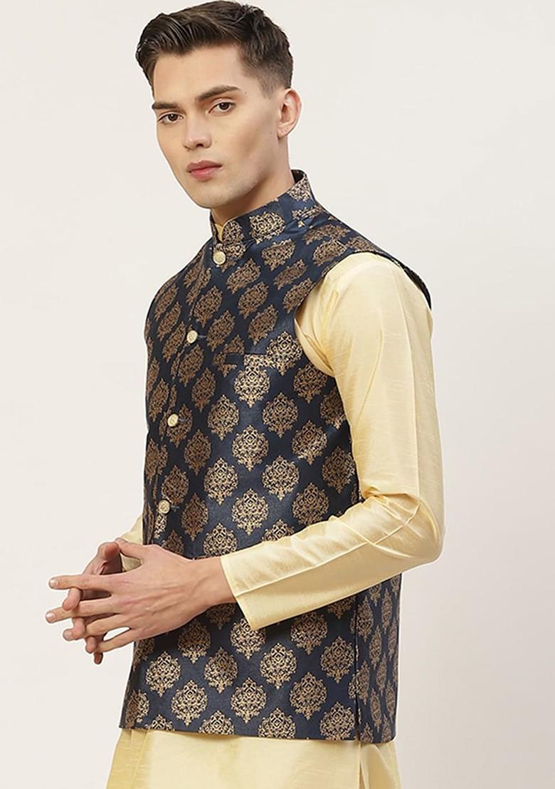 Navy Blue Printed Poly Blend Nehru Jacket For Men