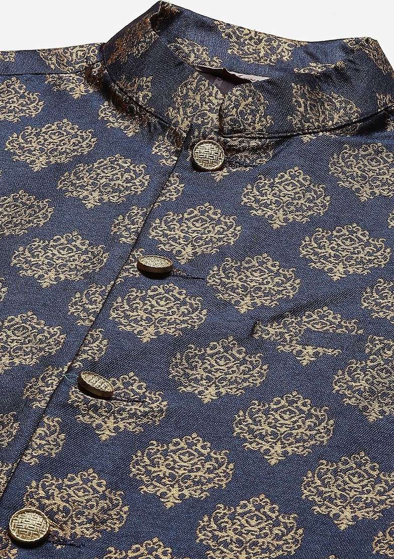 Navy Blue Printed Poly Blend Nehru Jacket For Men - Indya