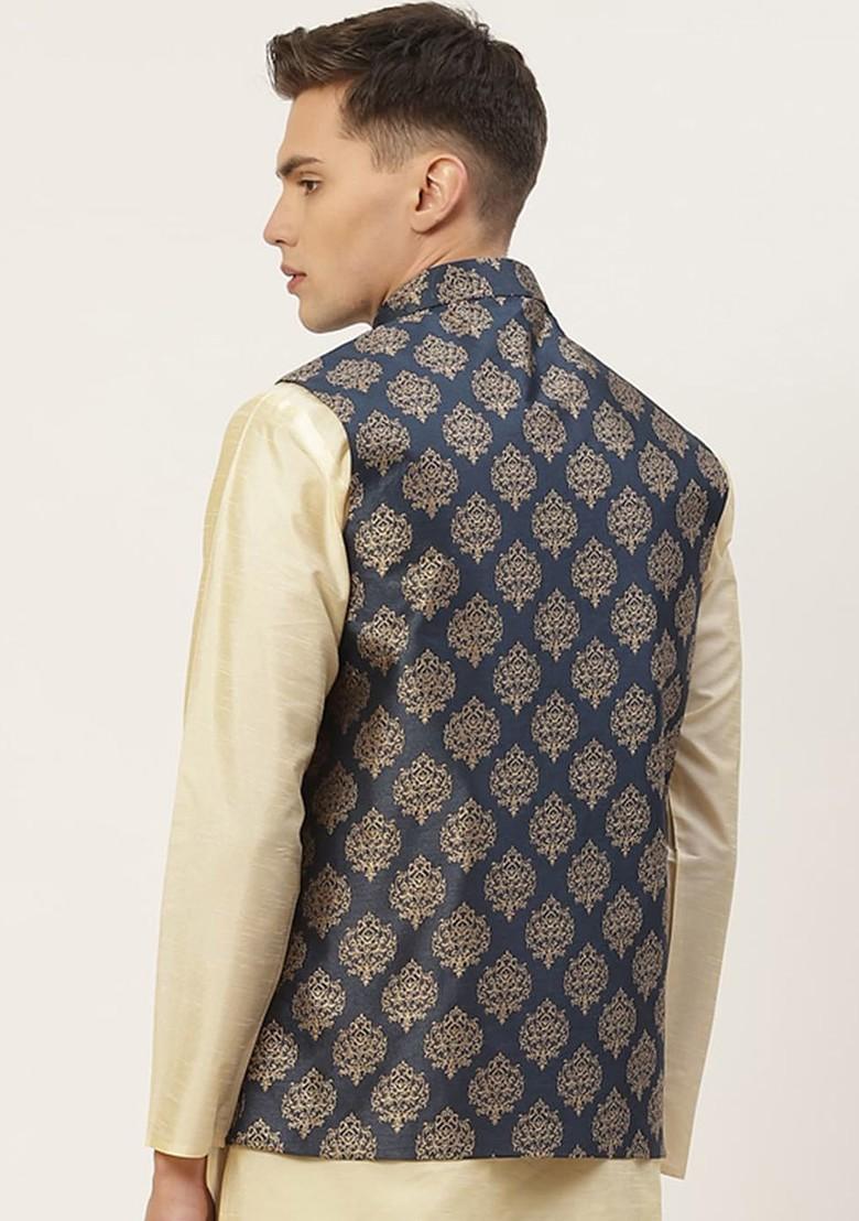 Navy Blue Printed Poly Blend Nehru Jacket For Men