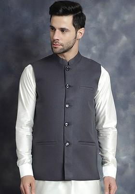 Grey Embroidered Poly Blend Nehru Jacket For Men