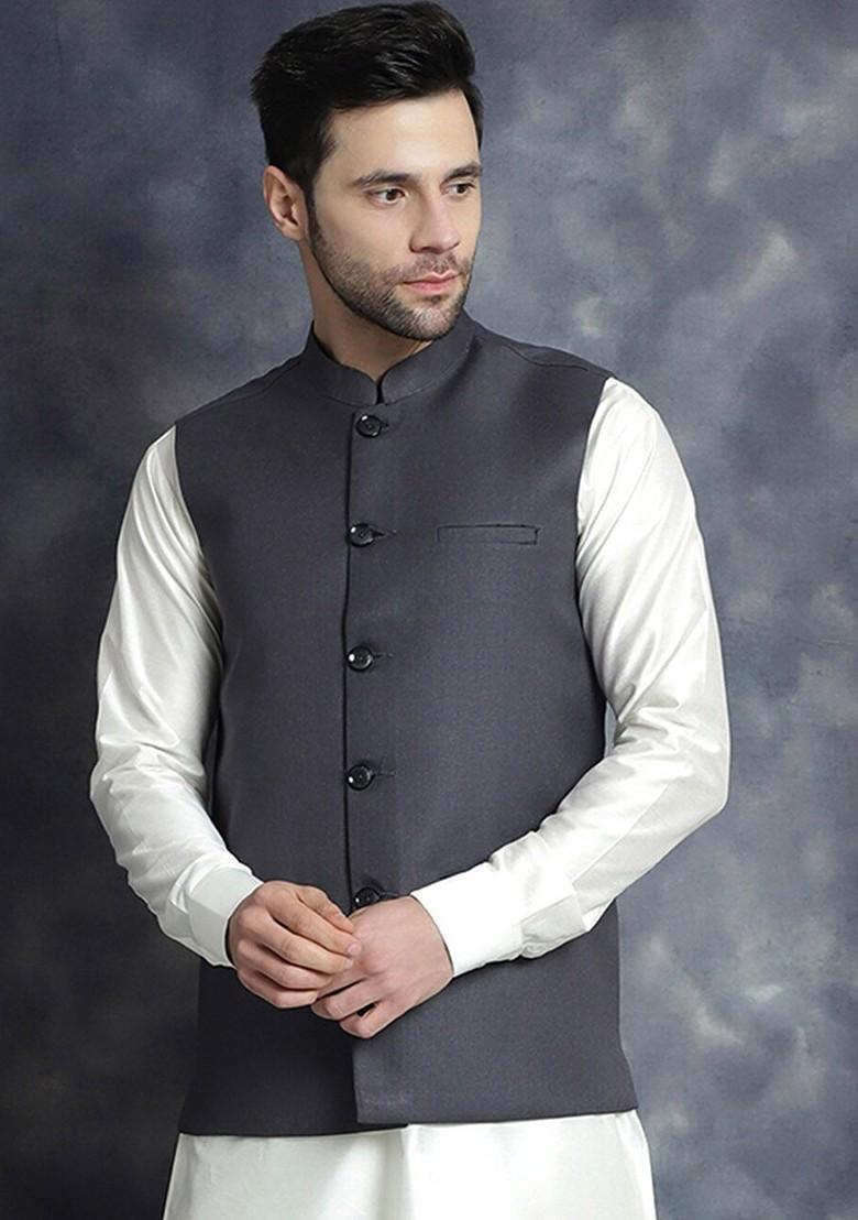 Grey Embroidered Poly Blend Nehru Jacket For Men