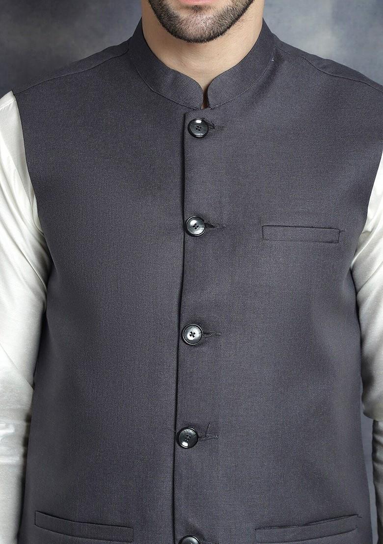Grey Embroidered Poly Blend Nehru Jacket For Men