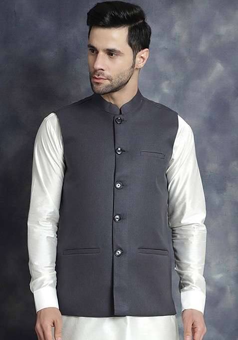 Grey Embroidered Poly Blend Nehru Jacket For Men