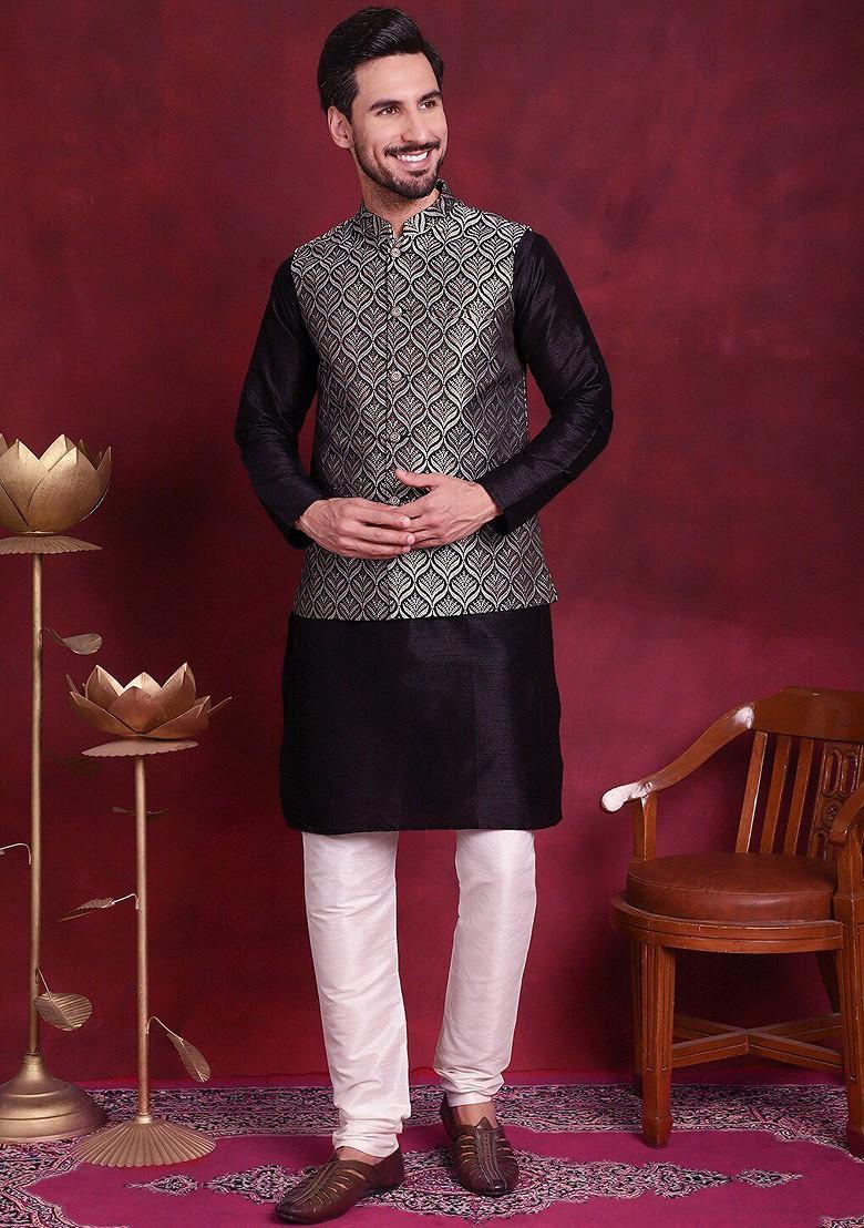 Black Woven Design Poly Blend Nehru Jacket For Men