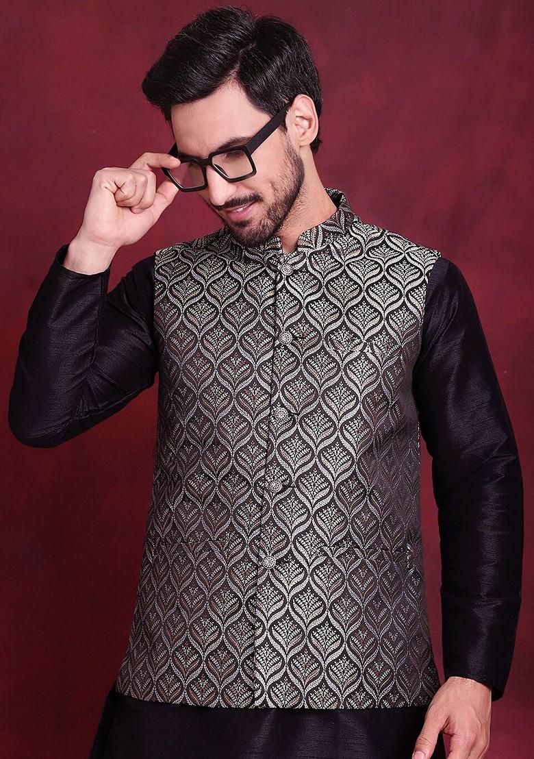 Black Woven Design Poly Blend Nehru Jacket For Men