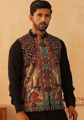 Black Printed Poly Blend Nehru Jacket For Men