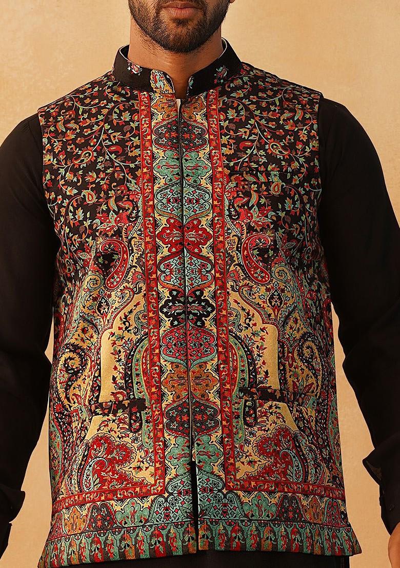 Black Printed Poly Blend Nehru Jacket For Men