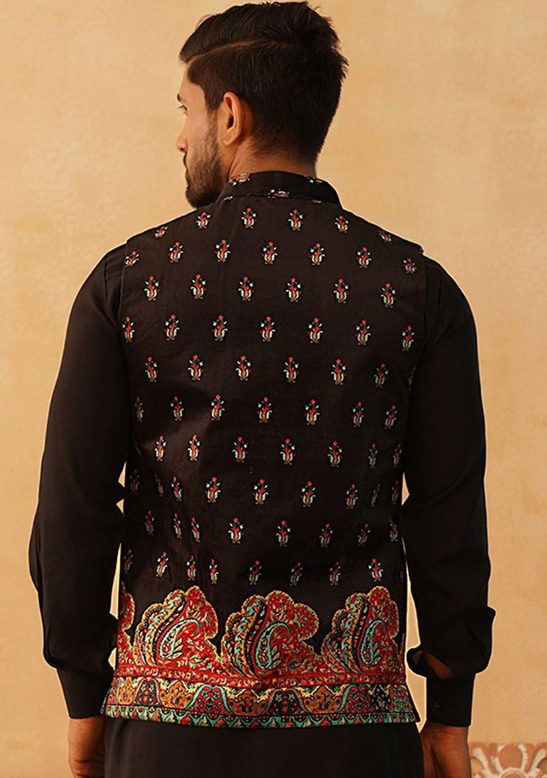 Black Printed Poly Blend Nehru Jacket For Men