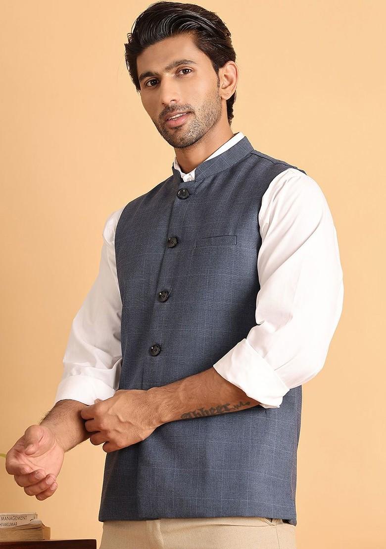 Blue Woven Design Poly Blend Nehru Jacket For Men