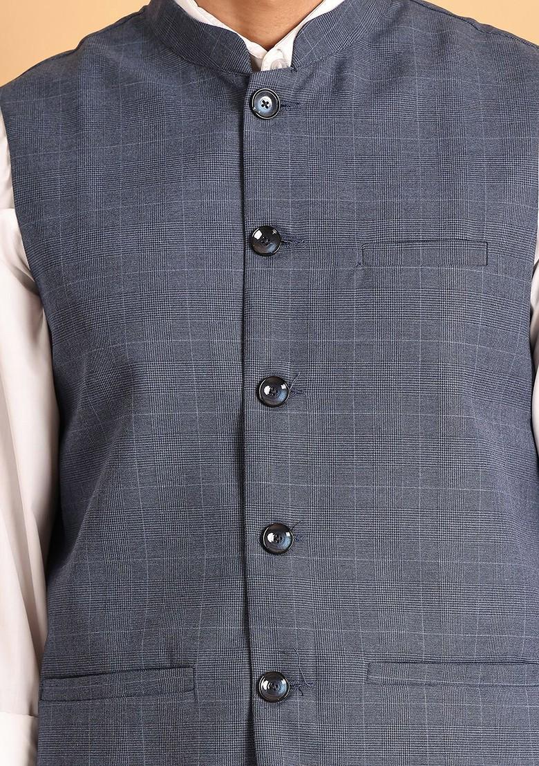 Blue Woven Design Poly Blend Nehru Jacket For Men