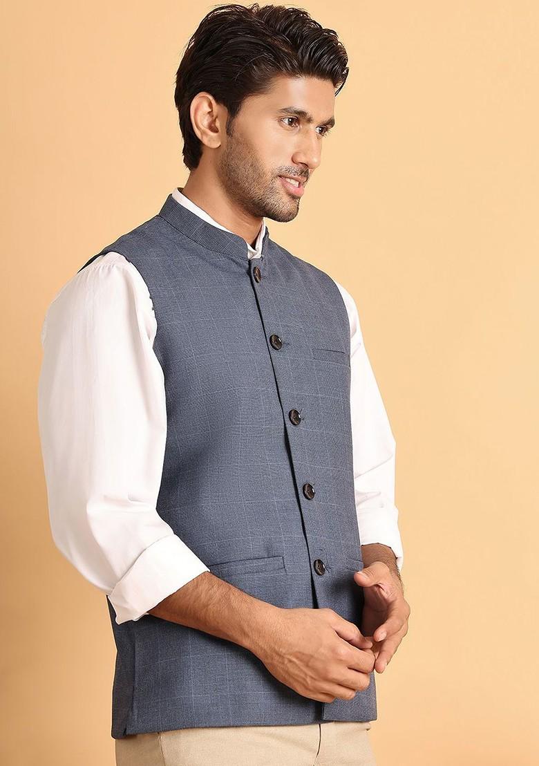 Blue Woven Design Poly Blend Nehru Jacket For Men
