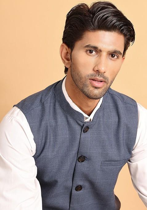 Blue Woven Design Poly Blend Nehru Jacket For Men