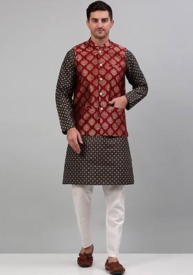 Maroon Printed Poly Blend Nehru Jacket For Men