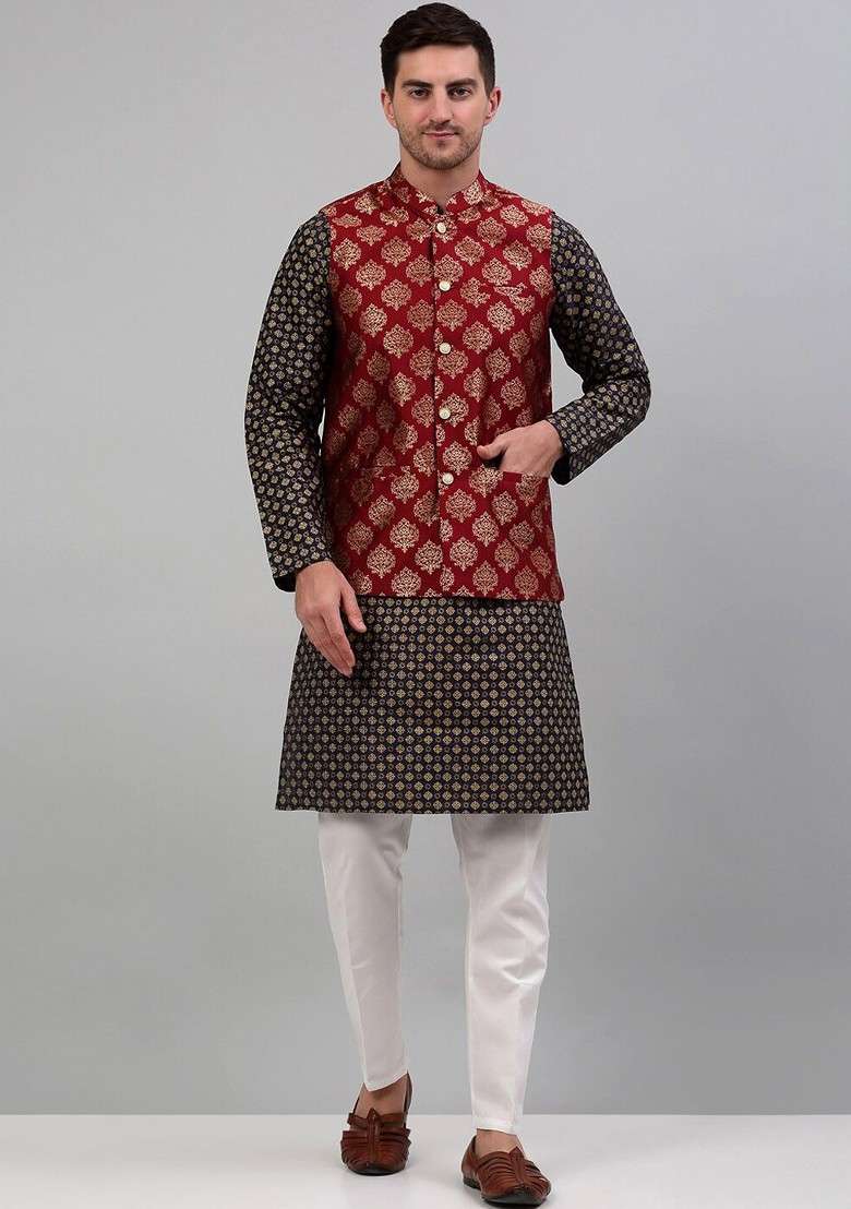 Maroon Printed Poly Blend Nehru Jacket For Men - Indya