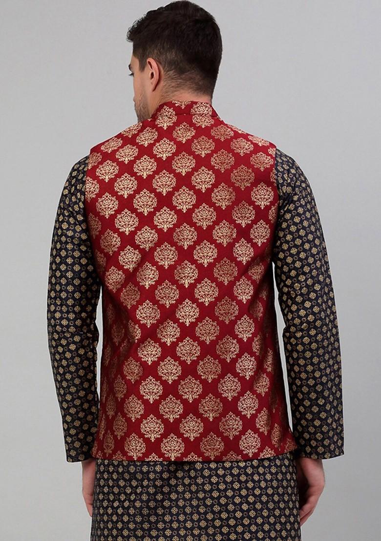 Maroon Printed Poly Blend Nehru Jacket For Men