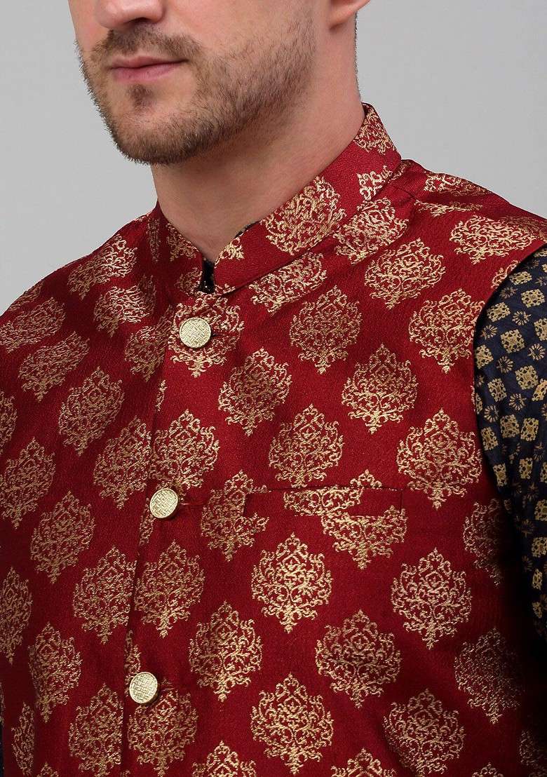 Maroon Printed Poly Blend Nehru Jacket For Men - Indya