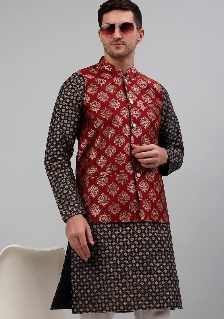 Maroon Printed Poly Blend Nehru Jacket For Men
