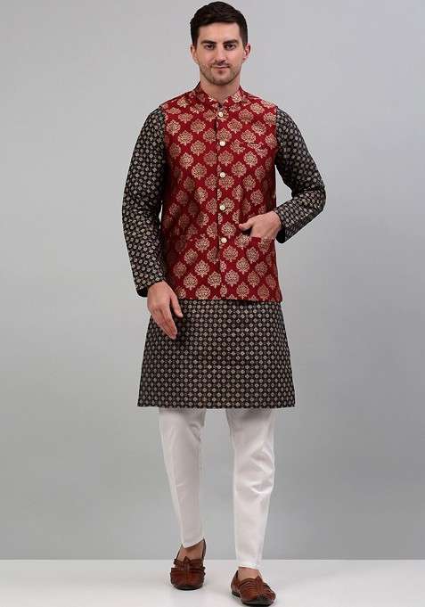 Maroon Printed Poly Blend Nehru Jacket For Men